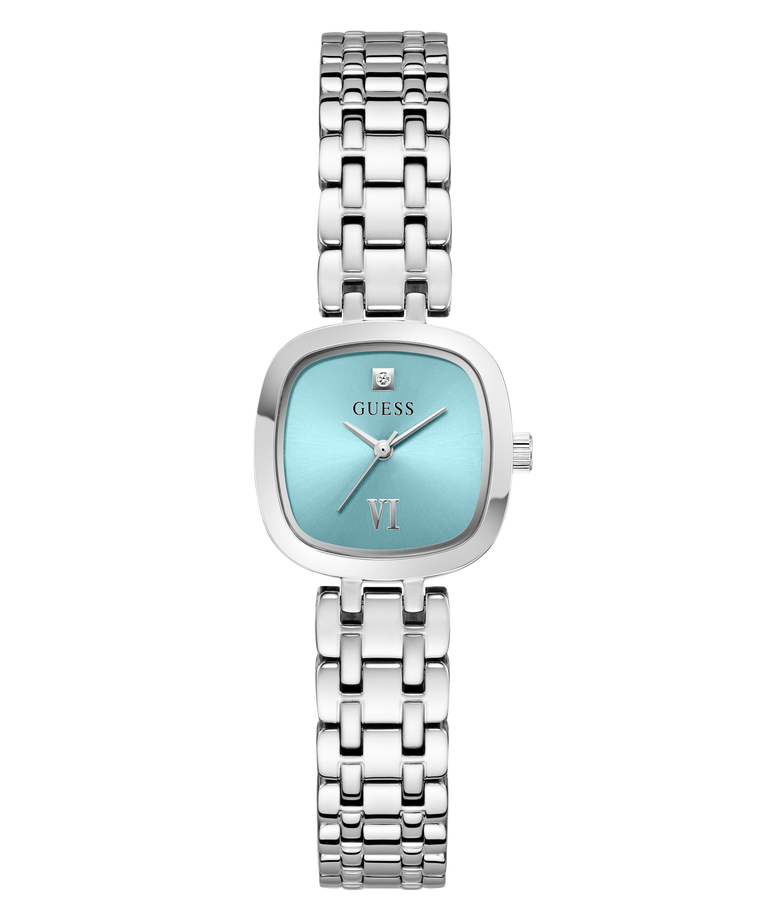 A Guess women's watch featuring a silver-tone stainless steel link bracelet and a light blue dial with Roman numeral VI.