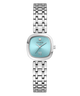A Guess women's watch featuring a silver-tone stainless steel link bracelet and a light blue dial with Roman numeral VI.