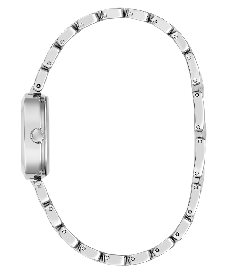 A silver stainless steel watch with a matching link bracelet, shown from a side profile view against a solid white background.