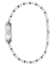 A silver stainless steel watch with a matching link bracelet, shown from a side profile view against a solid white background.