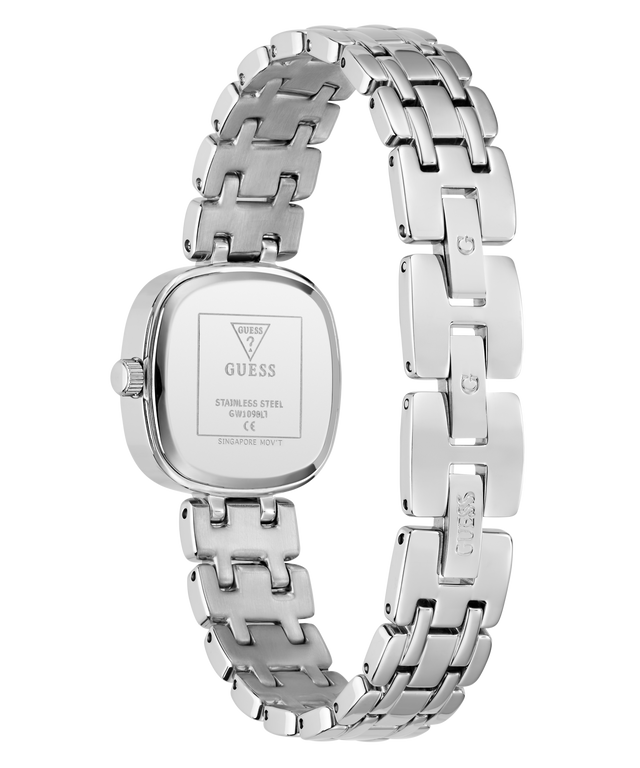 A stainless steel women's analog watch by Guess, shown from the back with its link bracelet and square case visible against a white background.