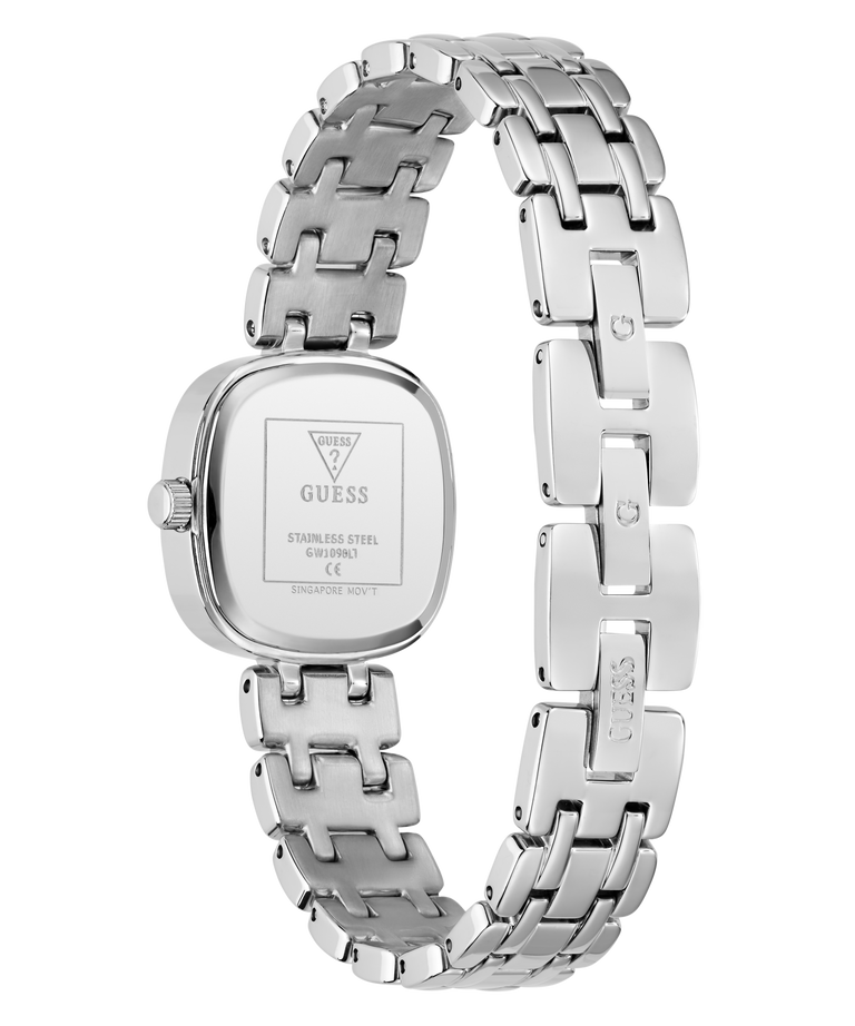 A stainless steel women's analog watch by Guess, shown from the back with its link bracelet and square case visible against a white background.