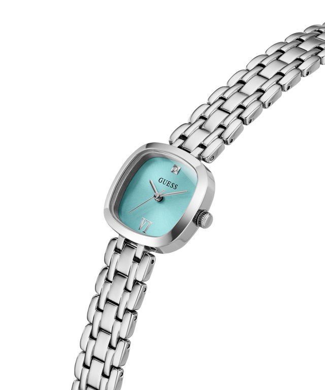 A GUESS women's watch featuring a silver-toned stainless steel link bracelet and a square-shaped dial with a light turquoise blue face. lifestyle