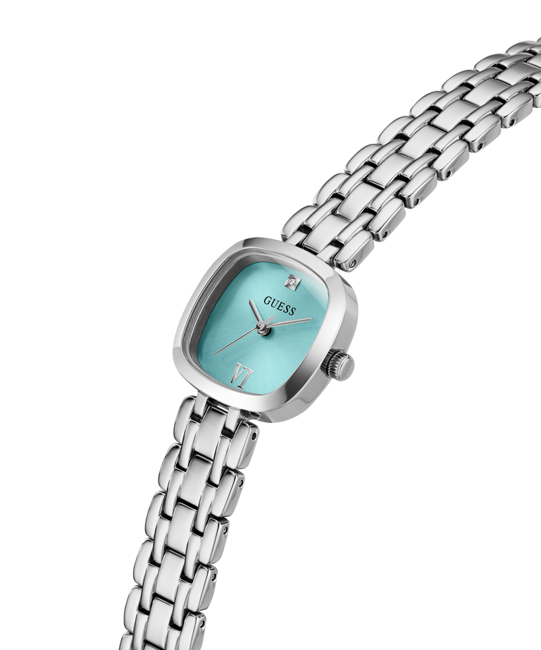 A GUESS women's watch featuring a silver-toned stainless steel link bracelet and a square-shaped dial with a light turquoise blue face. lifestyle
