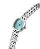 A GUESS women's watch featuring a silver-toned stainless steel link bracelet and a square-shaped dial with a light turquoise blue face. lifestyle