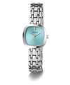 A Guess women's analog watch with a silver stainless steel link bracelet, a square bezel, and a light blue dial featuring a Roman numeral VI and a small crystal hour marker.