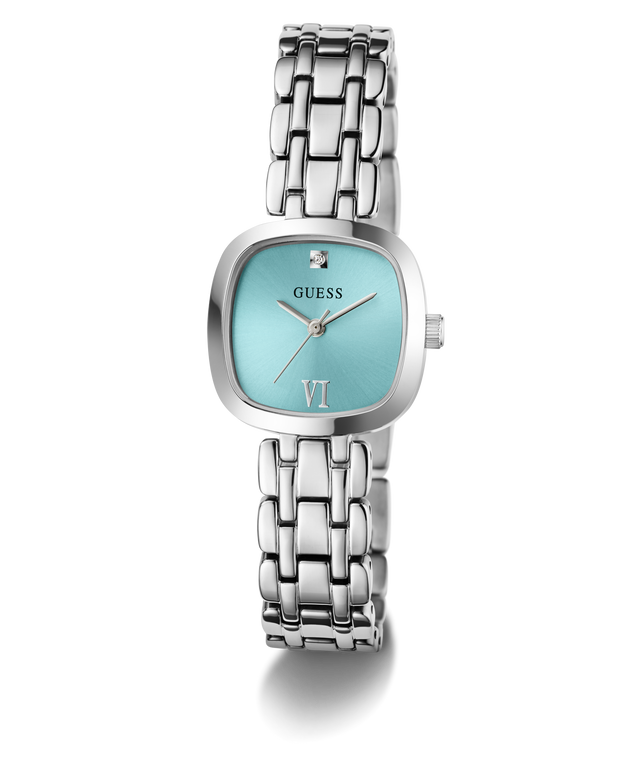 A Guess women's analog watch with a silver stainless steel link bracelet, a square bezel, and a light blue dial featuring a Roman numeral VI and a small crystal hour marker.