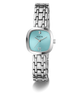 A Guess women's analog watch with a silver stainless steel link bracelet, a square bezel, and a light blue dial featuring a Roman numeral VI and a small crystal hour marker.