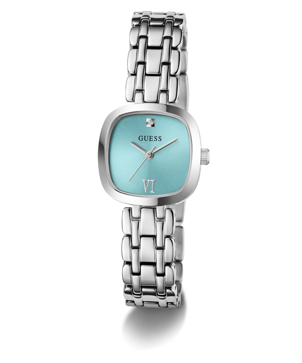 A Guess women's analog watch with a silver stainless steel link bracelet, a square bezel, and a light blue dial featuring a Roman numeral VI and a small crystal hour marker.