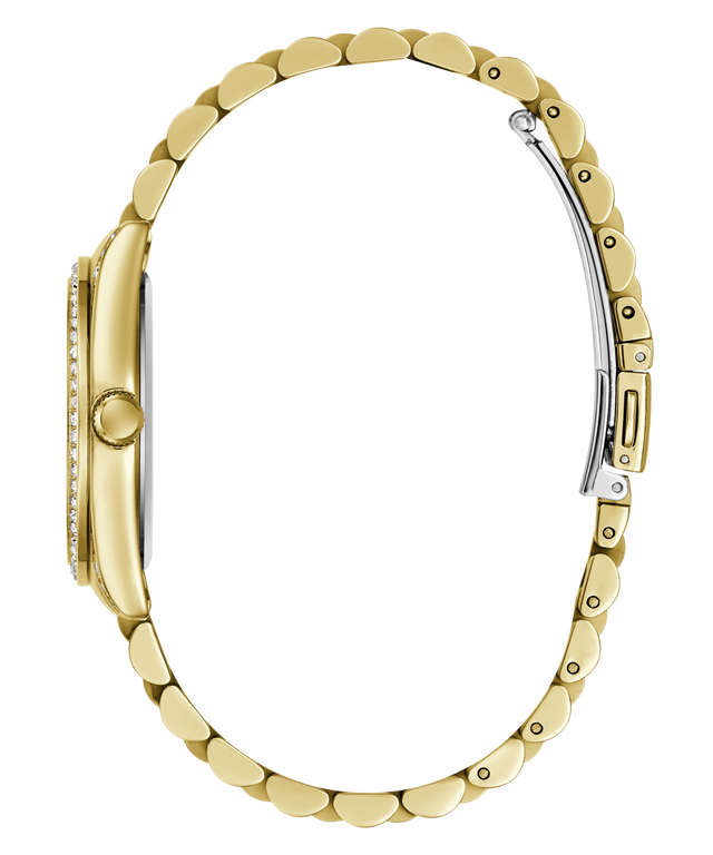 Close-up side view of a gold-tone watch bracelet with a curved, scalloped design and a silver-toned clasp, shown on a plain white background.