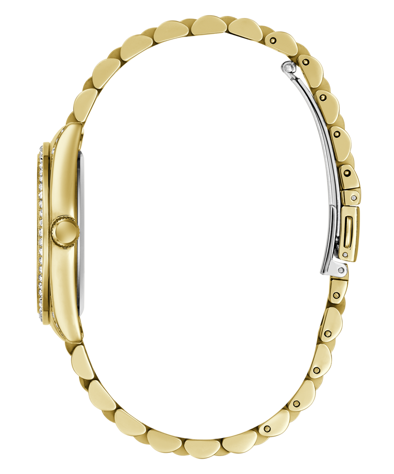 Close-up side view of a gold-tone watch bracelet with a curved, scalloped design and a silver-toned clasp, shown on a plain white background.
