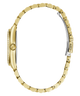 Close-up side view of a gold-tone watch bracelet with a curved, scalloped design and a silver-toned clasp, shown on a plain white background.