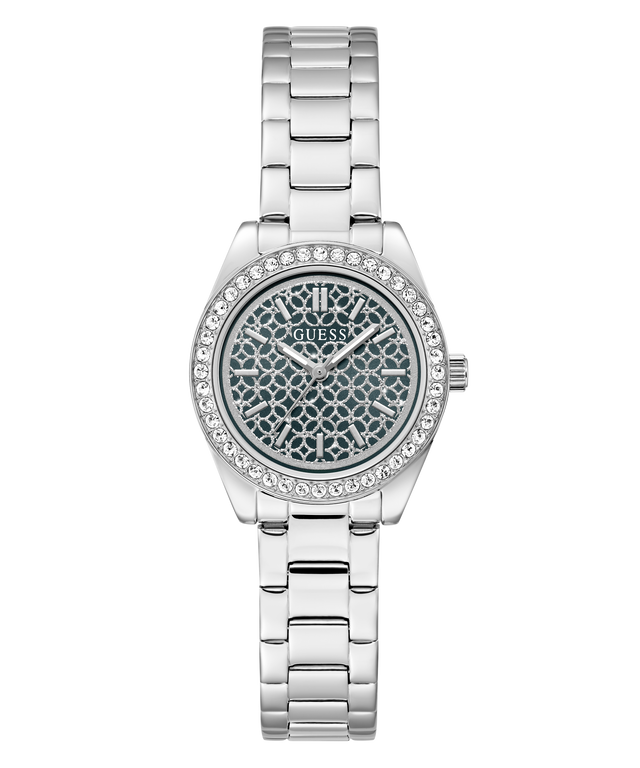 A Guess women's analog watch with a silver-tone stainless steel link bracelet, a bezel encrusted with clear crystals, and a textured blue-gray dial featuring the Guess logo pattern.