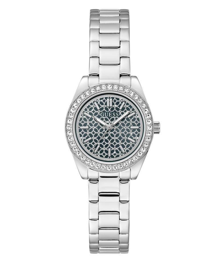 A Guess women's analog watch with a silver-tone stainless steel link bracelet, a bezel encrusted with clear crystals, and a textured blue-gray dial featuring the Guess logo pattern.