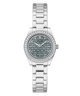 A Guess women's analog watch with a silver-tone stainless steel link bracelet, a bezel encrusted with clear crystals, and a textured blue-gray dial featuring the Guess logo pattern.