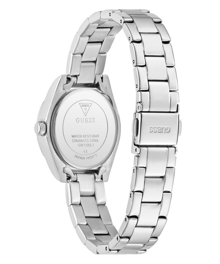 Silver stainless steel women's watch shown from the back, featuring a matching metal link bracelet, a round case, and a visible GUESS logo on both the clasp and the watch case back.