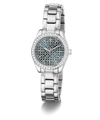 A women's Guess wristwatch with a silver-tone metal link bracelet, a bezel encrusted with clear rhinestones, and a blue-gray patterned dial featuring the Guess logo.