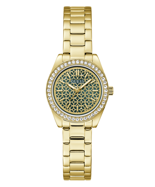 Gold-tone Guess watch with a green patterned dial, crystal-encrusted bezel, and matching gold-tone metal link bracelet on a white background.