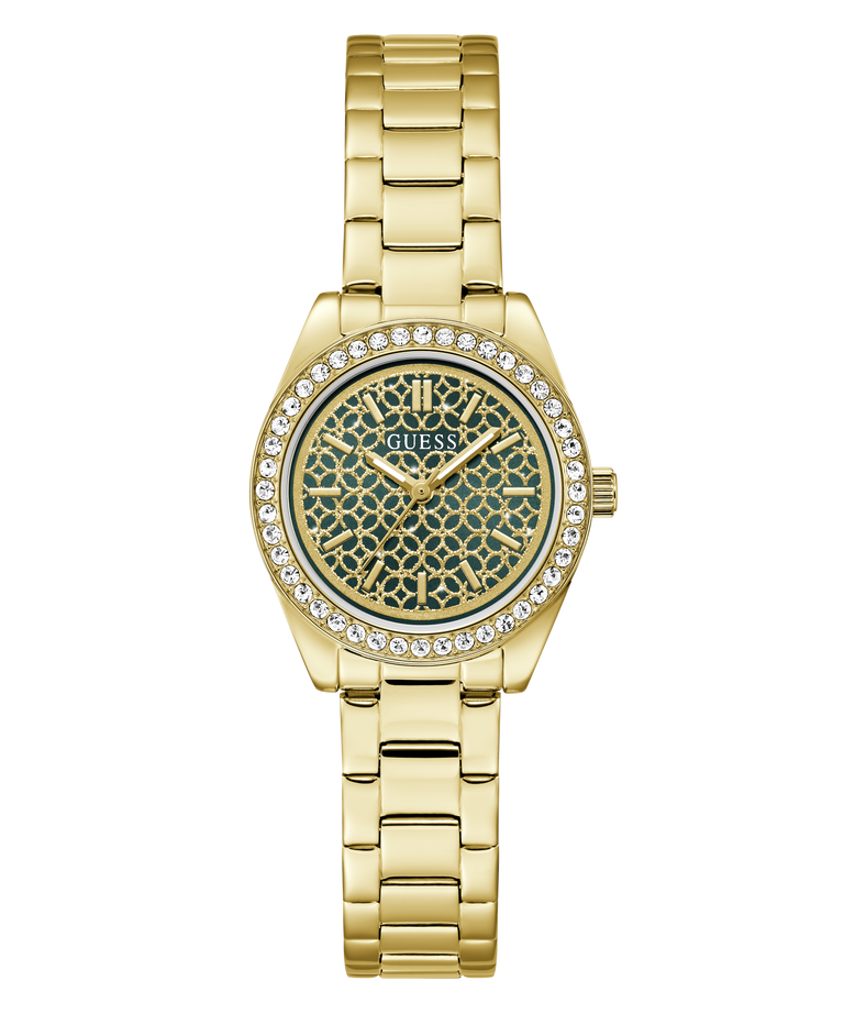 Gold-tone Guess watch with a green patterned dial, crystal-encrusted bezel, and matching gold-tone metal link bracelet on a white background.