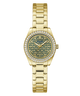 Gold-tone Guess watch with a green patterned dial, crystal-encrusted bezel, and matching gold-tone metal link bracelet on a white background.