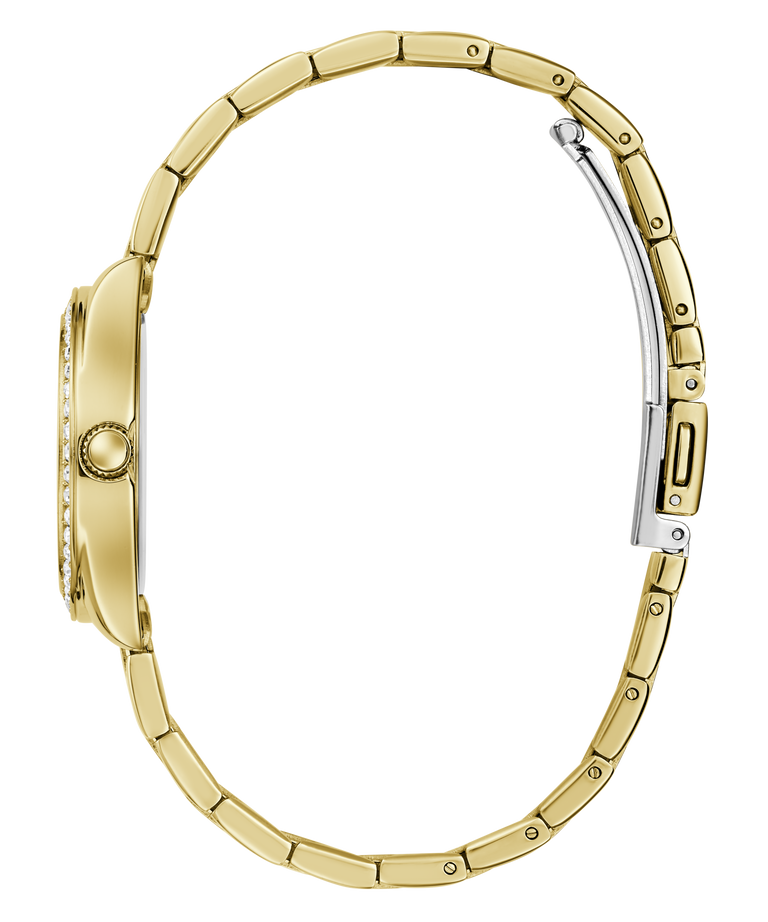 A gold-tone metal link bracelet watch shown from the side against a plain white background.