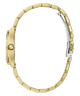 A gold-tone metal link bracelet watch shown from the side against a plain white background.