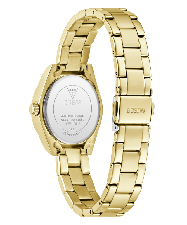 Gold-tone stainless steel women's watch shown from the back, featuring a matching metal link bracelet, a round case, and a clear back cover with GUESS branding and technical specifications.