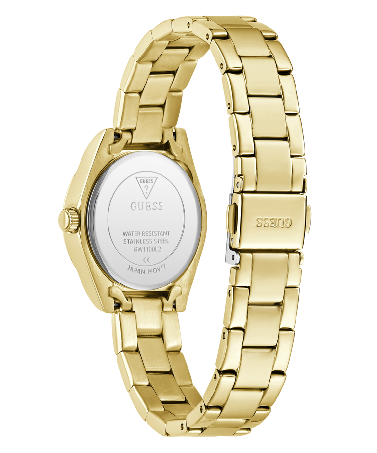 Gold-tone stainless steel women's watch shown from the back, featuring a matching metal link bracelet, a round case, and a clear back cover with GUESS branding and technical specifications.