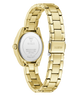 Gold-tone stainless steel women's watch shown from the back, featuring a matching metal link bracelet, a round case, and a clear back cover with GUESS branding and technical specifications.