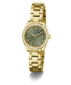 Gold-tone Guess women's watch with a green patterned dial, crystal-studded bezel, and matching metal link bracelet on a white background.