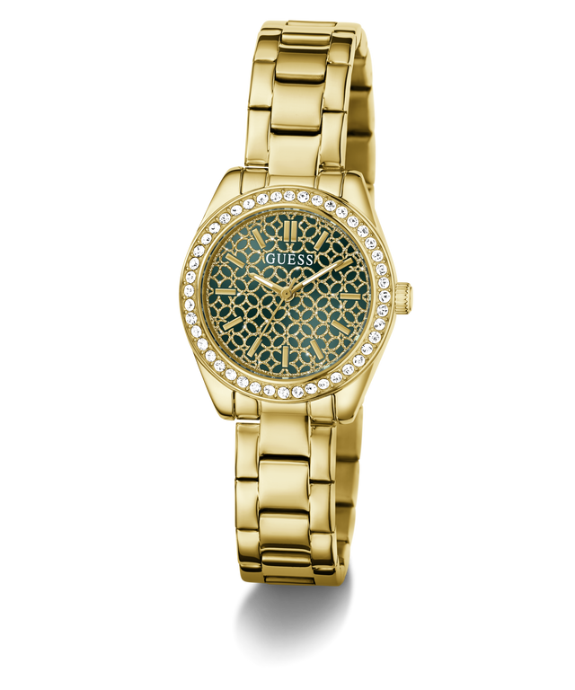 Gold-tone Guess women's watch with a green patterned dial, crystal-studded bezel, and matching metal link bracelet on a white background.