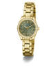 Gold-tone Guess women's watch with a green patterned dial, crystal-studded bezel, and matching metal link bracelet on a white background.