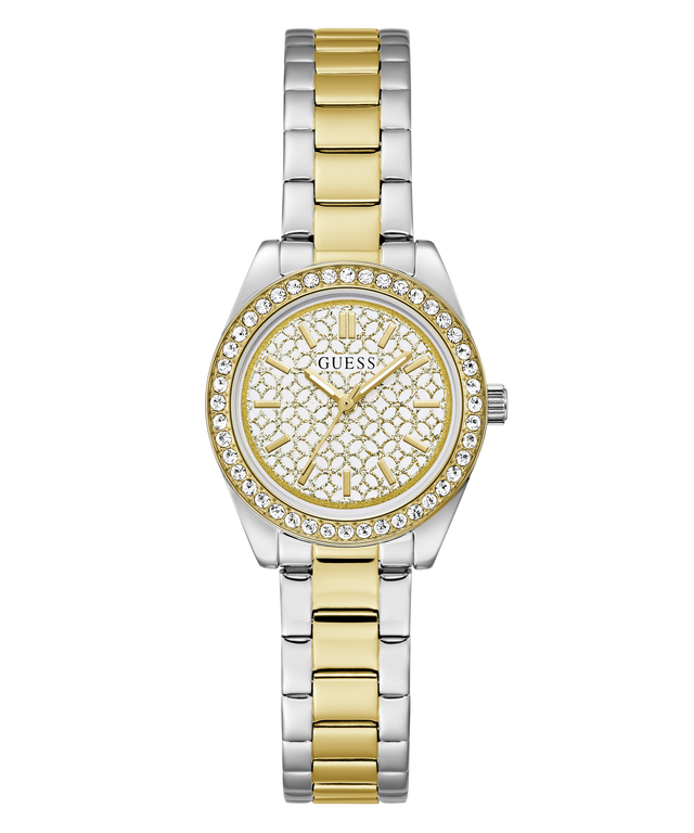 A Guess women's analog watch with a two-tone silver and gold metal bracelet, a gold patterned dial, and a bezel encrusted with clear crystals, shown on a plain white background.