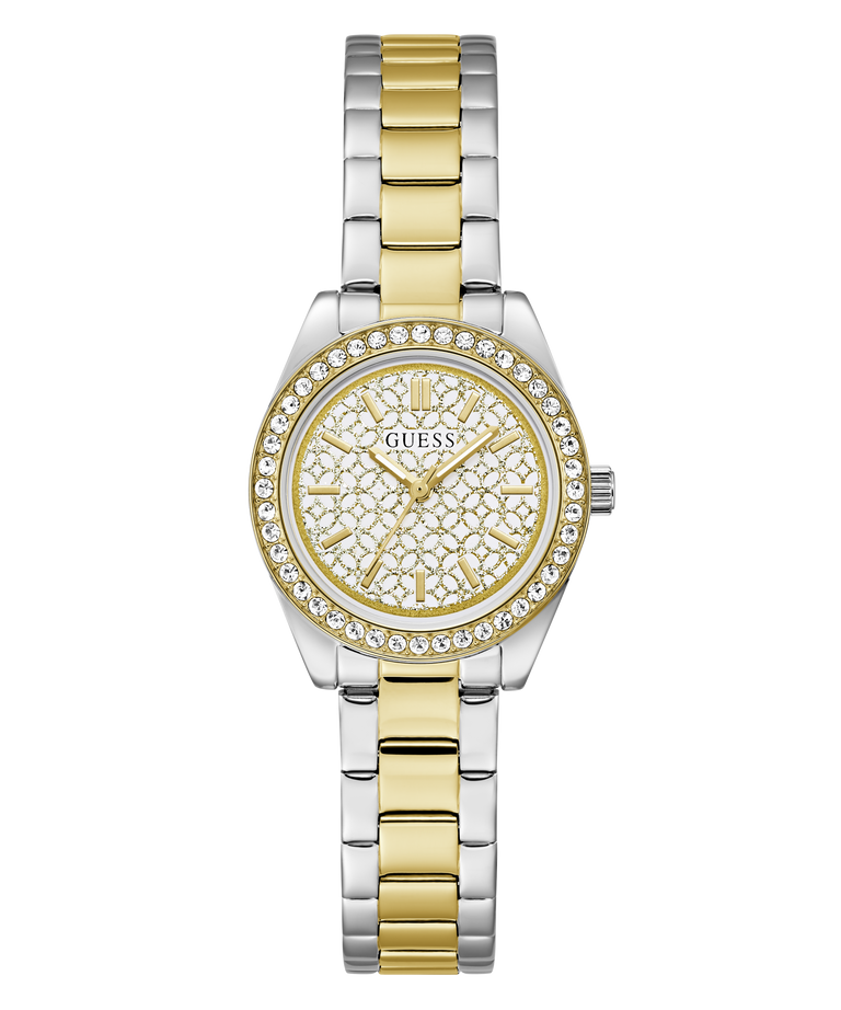 A Guess women's analog watch with a two-tone silver and gold metal bracelet, a gold patterned dial, and a bezel encrusted with clear crystals, shown on a plain white background.