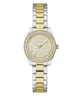A Guess women's analog watch with a two-tone silver and gold metal bracelet, a gold patterned dial, and a bezel encrusted with clear crystals, shown on a plain white background.