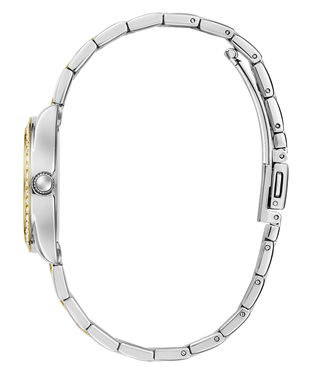 Side profile of a silver-toned metal link bracelet watch with a yellow gold case bezel and a clear crystal, shown on a solid white background.