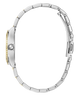 Side profile of a silver-toned metal link bracelet watch with a yellow gold case bezel and a clear crystal, shown on a solid white background.
