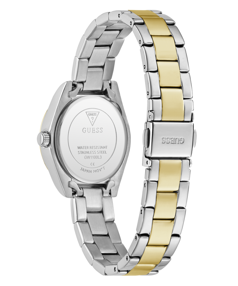 A GUESS women's stainless steel watch with a two-tone silver and gold link bracelet, shown from the back on a white background.