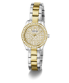 A women's two-tone stainless steel and gold-tone wristwatch by Guess, featuring a crystal-studded bezel, a gold-tone patterned dial, and a matching two-tone link bracelet.