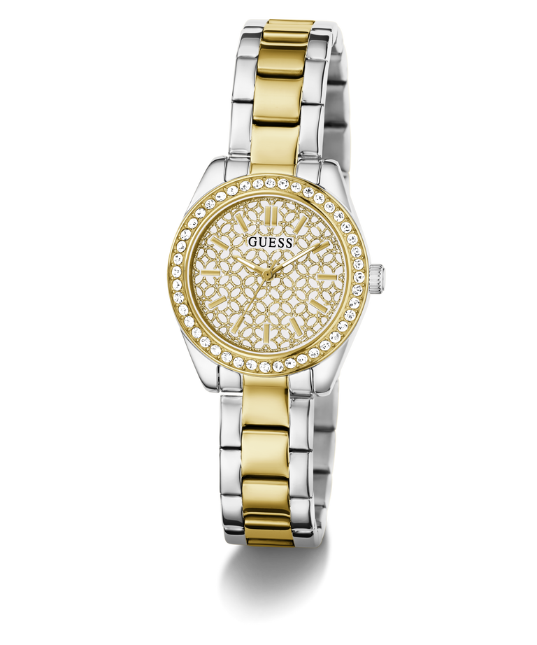 A women's two-tone stainless steel and gold-tone wristwatch by Guess, featuring a crystal-studded bezel, a gold-tone patterned dial, and a matching two-tone link bracelet.