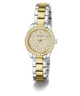 A women's two-tone stainless steel and gold-tone wristwatch by Guess, featuring a crystal-studded bezel, a gold-tone patterned dial, and a matching two-tone link bracelet.