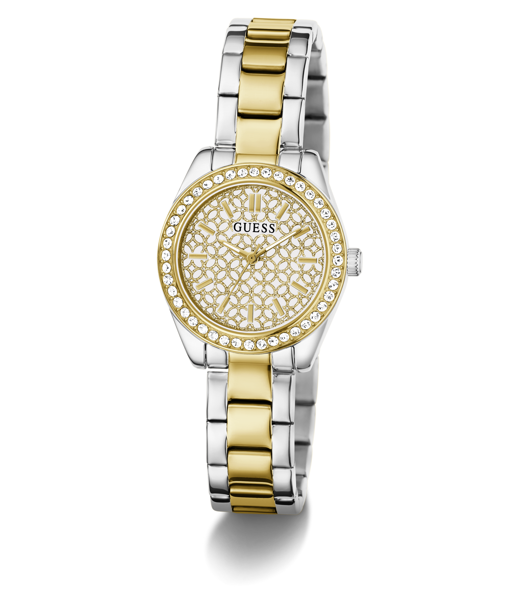 A women's two-tone stainless steel and gold-tone wristwatch by Guess, featuring a crystal-studded bezel, a gold-tone patterned dial, and a matching two-tone link bracelet.