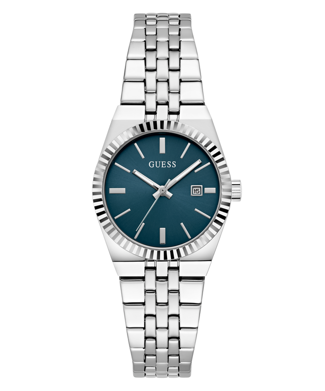 A Guess women's analog watch with a silver stainless steel link bracelet, a fluted bezel, and a dark teal blue dial with a date window.