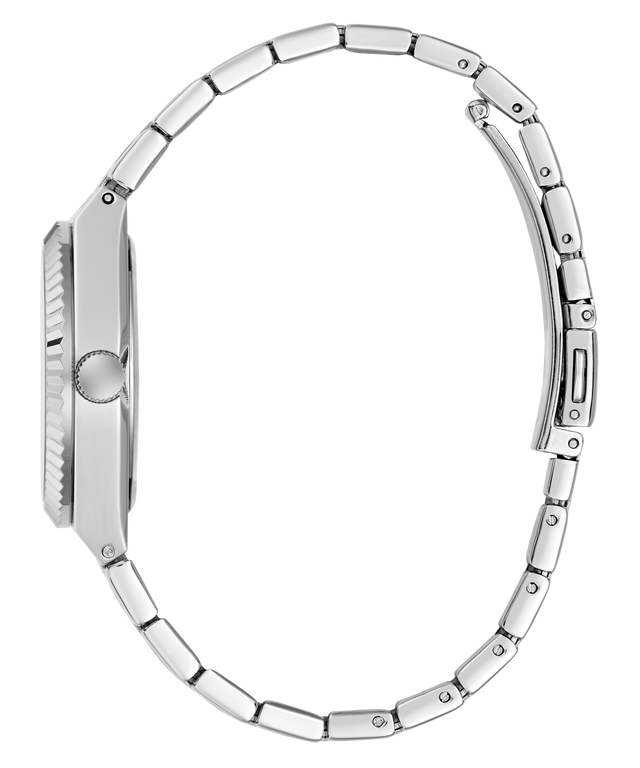 Silver stainless steel watch band with a matching metal case side profile, featuring a textured crown guard and a secure clasp, shown on a solid white background.