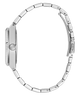 Silver stainless steel watch band with a matching metal case side profile, featuring a textured crown guard and a secure clasp, shown on a solid white background.