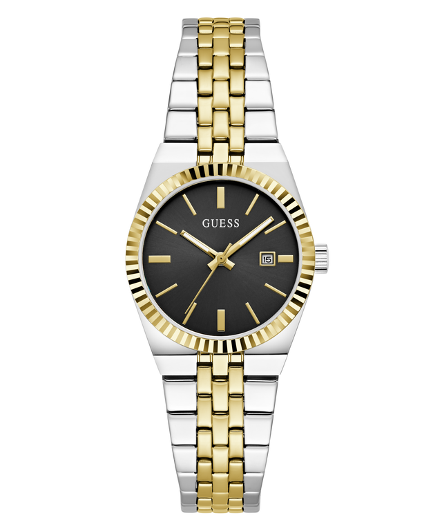 A Guess women's two-tone watch with a silver and gold metal link bracelet, a black dial, and a fluted gold bezel, shown on a plain white background.