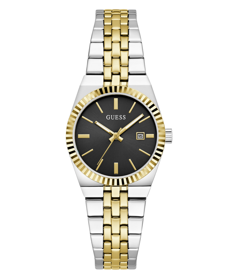 A Guess women's two-tone watch with a silver and gold metal link bracelet, a black dial, and a fluted gold bezel, shown on a plain white background.
