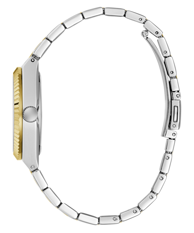 A side profile view of a two-tone watch with a silver-toned metal link bracelet and a gold-toned fluted bezel, set against a plain white background.