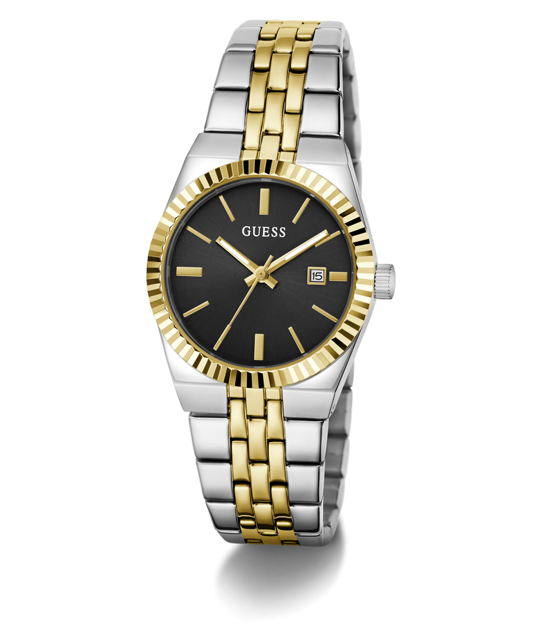 A GUESS women's two-tone stainless steel and gold watch with a black dial, fluted gold bezel, and matching two-tone metal bracelet, shown on a white background.