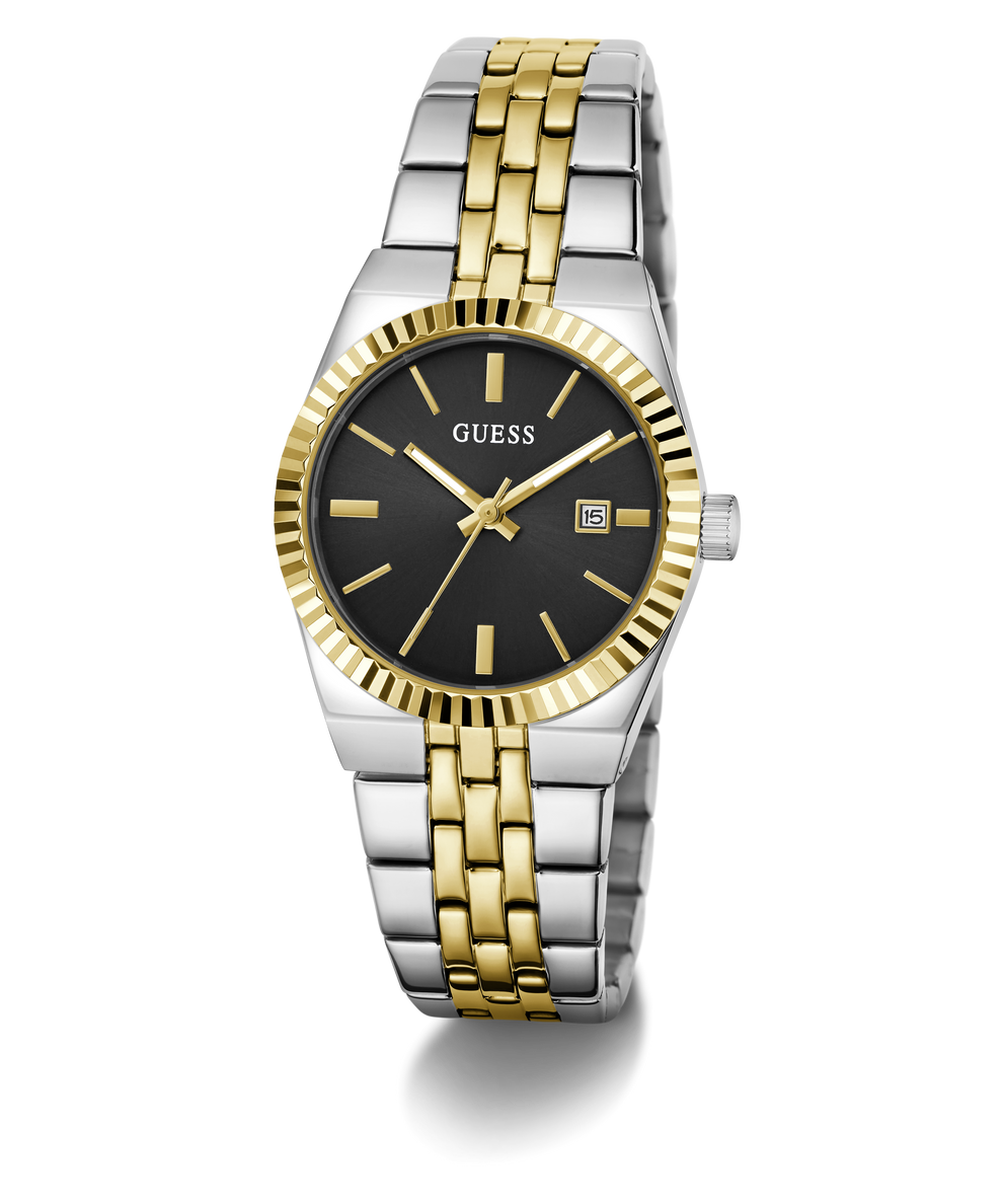 A GUESS women's two-tone stainless steel and gold watch with a black dial, fluted gold bezel, and matching two-tone metal bracelet, shown on a white background.